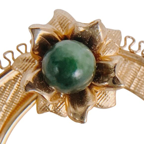 VTG Signed A&Z Brooch Gold Filled Green Jade Gemstone Circle Floral Mid Century - Picture 4 of 14